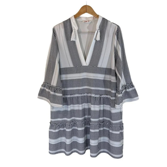 Mazik Ruffle Dress Large Tassels Knee Length Black White Gray Chevron Striped - Picture 1 of 5
